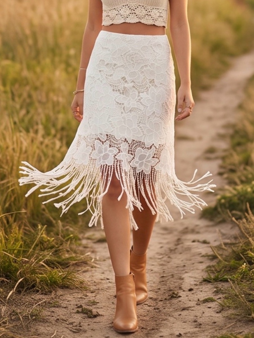 Bar III - Flirty Boho White Crochet Fringe Midi Skirt Festival 70’s Very Cool